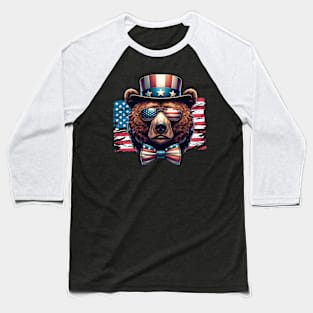 Bear Uncle Sam Hat Sunglasses American Flag 4th of July Baseball T-Shirt
